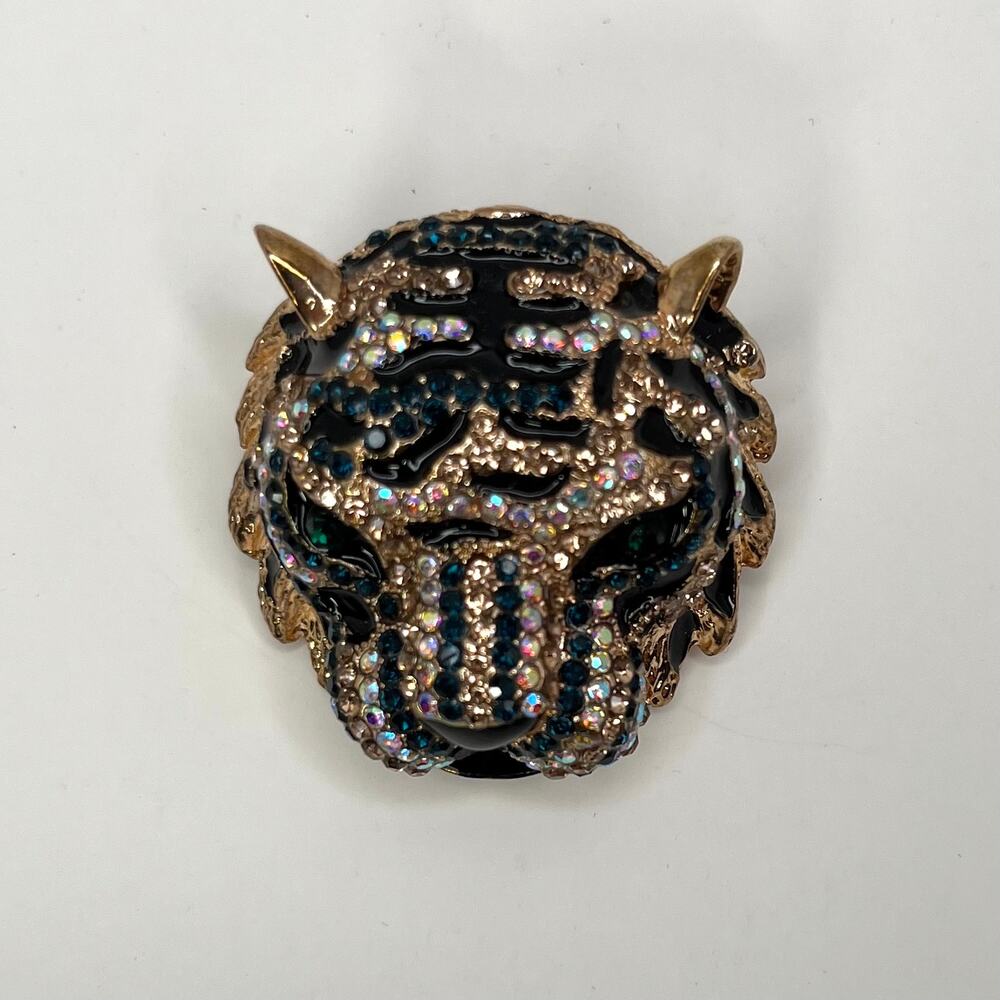 Tiger Head Brooch Gold Black Rhinestone Statement Hollywood Glam Vintage Style